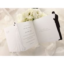Tri fold bride and groom wedding invitation design; cropped